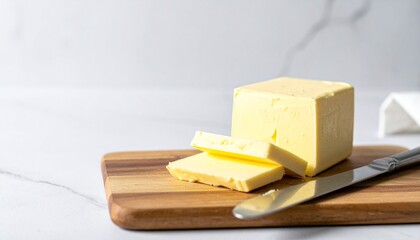 Close-up of a fresh butter block with a knife, on a wooden cutting board