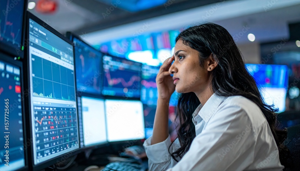 Poster focused businesswoman analyzing data on multiple computer screens in a modern office
