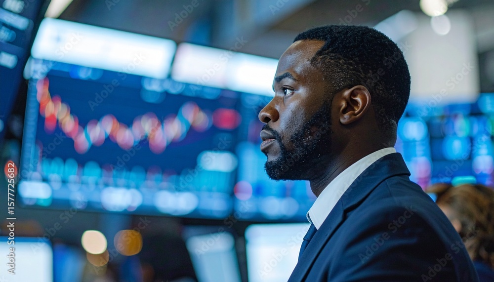 Aufkleber focused businessman analyzing financial data on multiple screens. he is dressed in a business suit a
