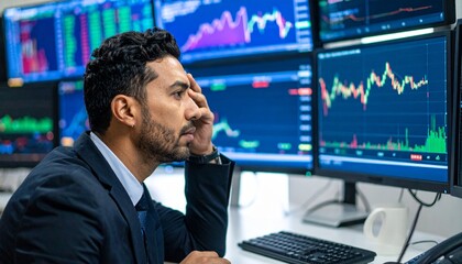 A stressed businessman looks at stock market charts on multiple screens, showing a worried expression.