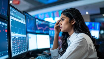 Focused businesswoman analyzing data on multiple computer screens in a modern office