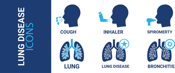 lung disease icons, such as COPD, cough, bronchitis, spirometry, and more. Editable stroke.
