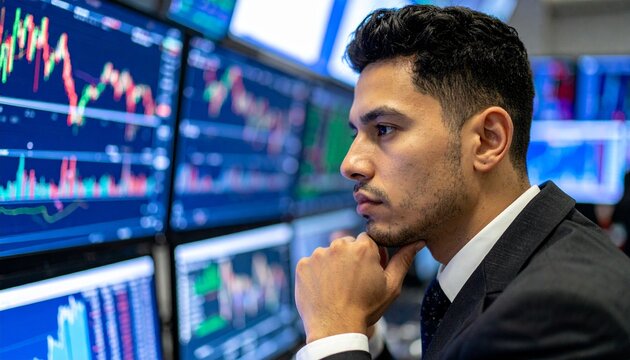 A thoughtful man in a suit analyzing data on computer screens, with several monitors displaying financial charts. He appears to be deep in concentration. 