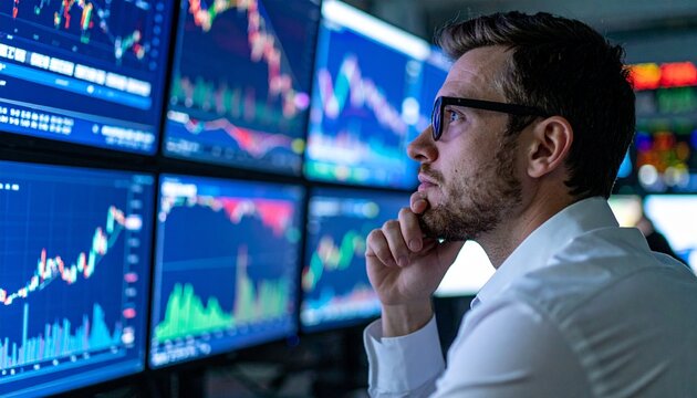 A pensive businessman analyzing financial data displayed on numerous monitors in a dimly lit office. His focused expression conveys intense concentration and strategic thinking.  - Powered by Adobe