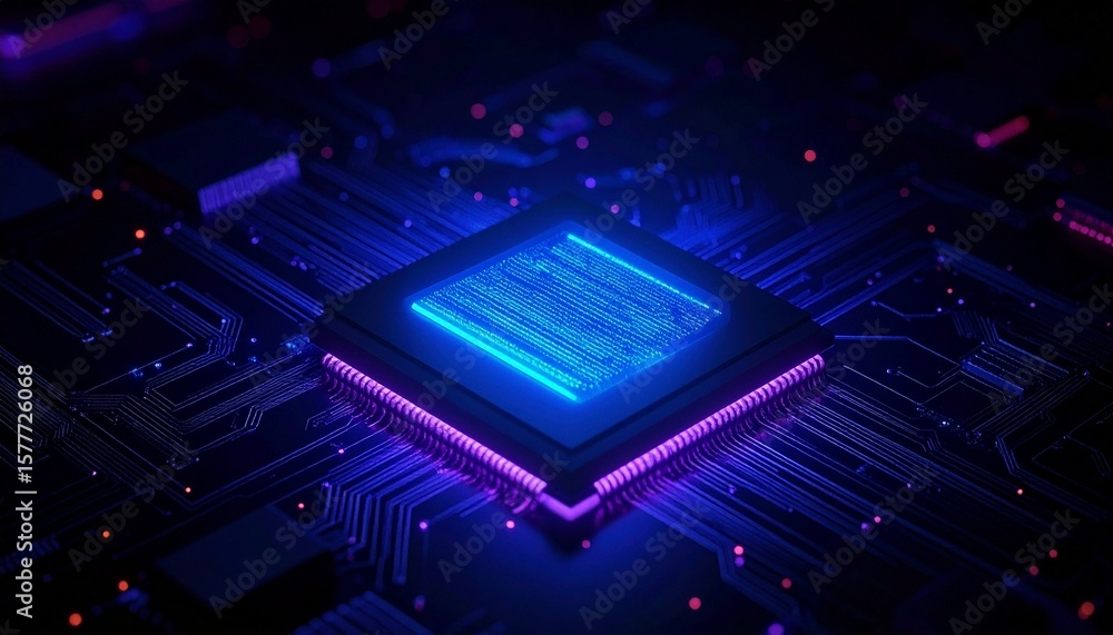 Aufkleber high-tech microchip with glowing blue and purple light, a symbol of advanced technology and innovati