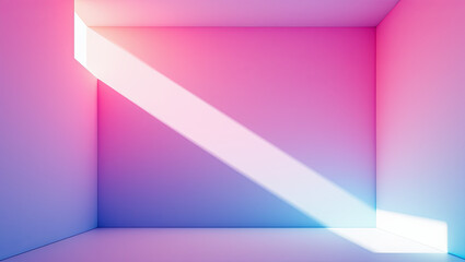 Soft pastel hues fill a minimalist room as a beam of light breaks through the corner, blending shades of pink and blue. The scene evokes tranquility and calmness