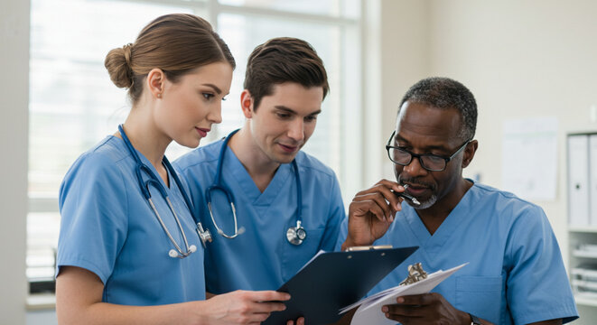 three doctors in a hospital two males and one female office discussing on some results attached to a clipboard