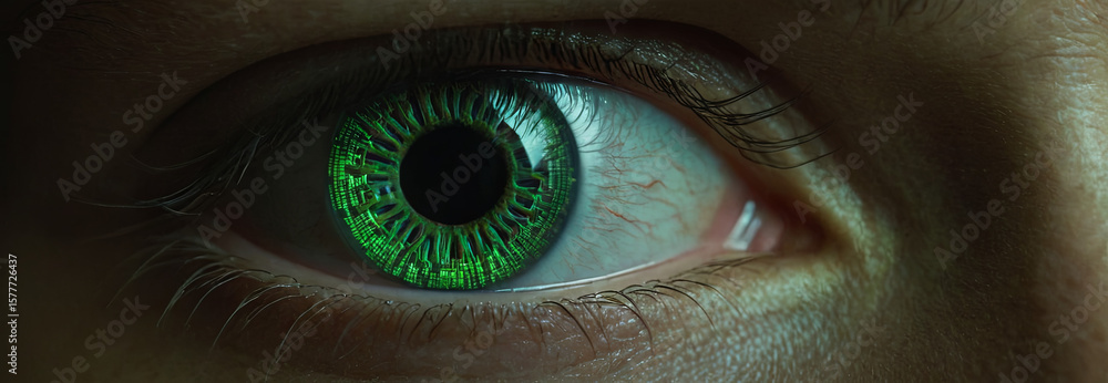 Poster a striking close-up portrays a human eye featuring a luminous green iris. the intricate patterns wit