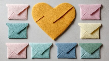 Colorful Felt Envelopes Arranged in Heart Shape on Gray Surface