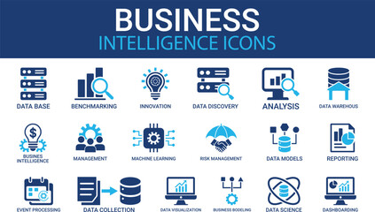 A set of business Intelligence icons, such as benchmark, machine learning, data modeling, and more. Vector illustration. Easily changes to any color.