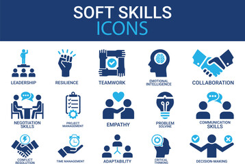Soft skills icons, such as leadership, teamwork, problem solving, empathy, and more. Editable stroke.