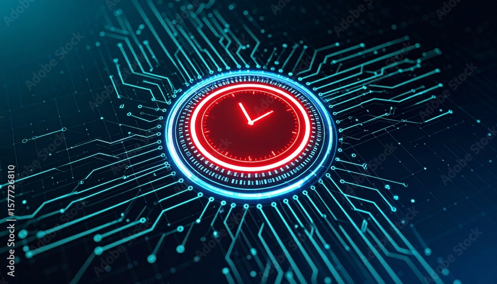 Poster a red clock design on a digital circuit board, representing time