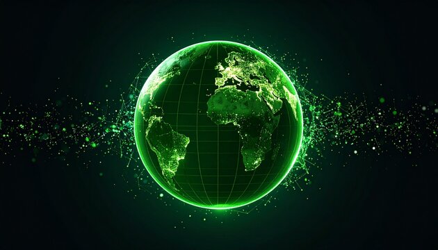 A vibrant green earth illustration, representing our planet, set against a dark backdrop. The image evokes a sense of environmental awareness and technological progress