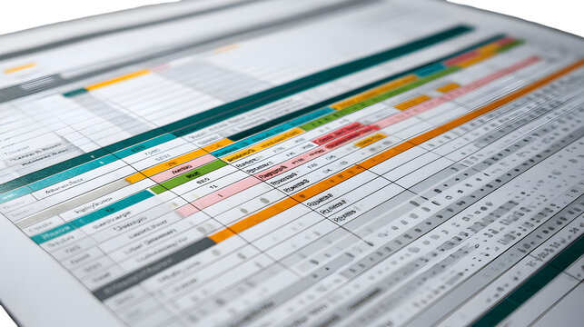 Close up shot of a spreadsheet with colored bars and rows of data on a white background