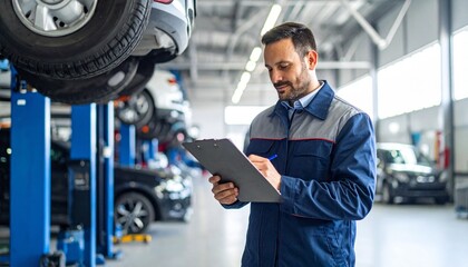 An auto mechanic carefully examines the undercarriage of a car in a spacious workshop, meticulously taking notes on a clipboard