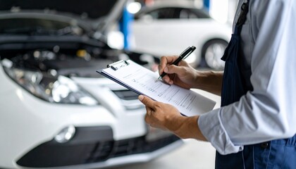 A car mechanic is reviewing and filling out a repair report in the garage workshop. He carefully examines the vehicle