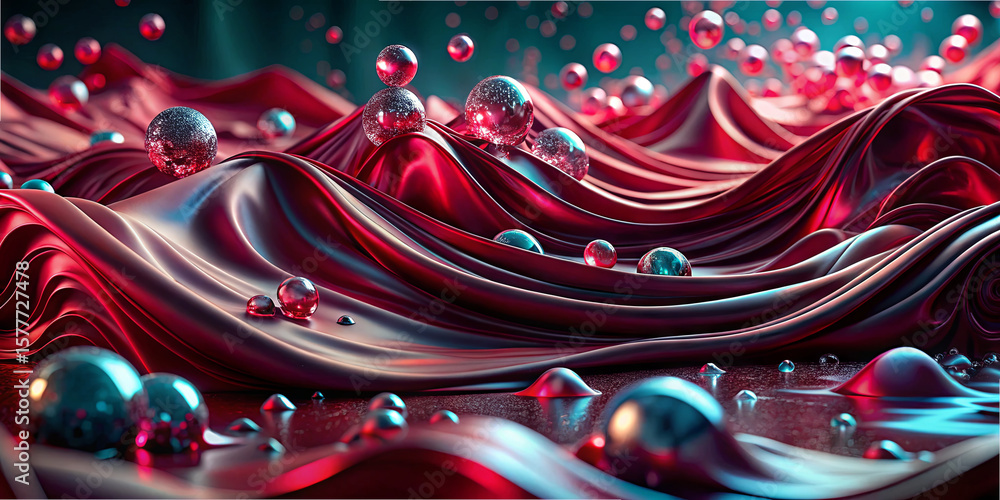 Poster the vibrant red fabric ripples gracefully, creating a dynamic landscape. reflective bubbles scatter 