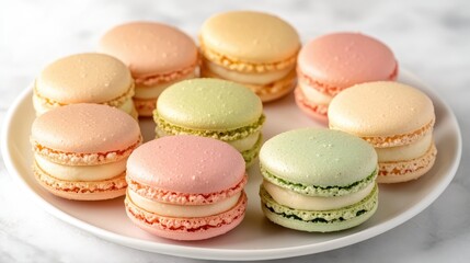 Obraz premium Colorful French Macarons on a White Plate for Dessert Lovers