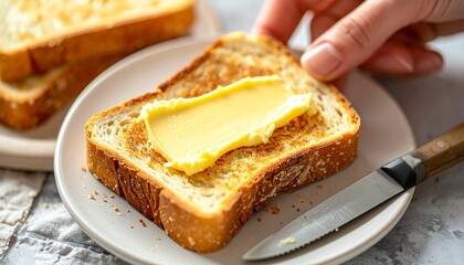 Butter spread on a slice of toasted bread, ready to be eaten