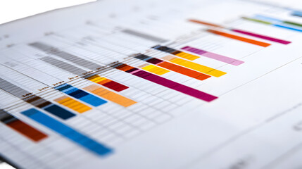 A close up view of a colorful bar graph on a white sheet of paper with grid lines and labels