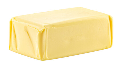 A block of creamy, fresh butter, perfectly wrapped and ready to be used. The rich yellow color is inviting and the texture seems smooth and ready to melt. 