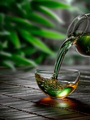 A stream of green tea pours from a glass teapot into a cup on a bamboo napkin. Brown background and green plants. Tea ceremony. Vertical photo. 
Generative AI