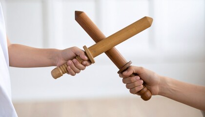 Two hands holding wooden swords, representing a mock duel or training exercise. The wooden swords are crossed against each other.