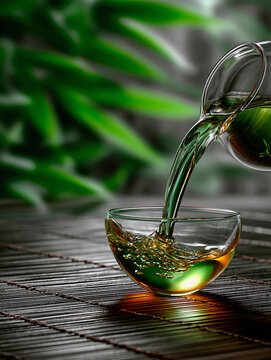 A stream of green tea pours from a glass teapot into a cup on a bamboo napkin. Brown background and green plants. Tea ceremony. Vertical photo. 
Generative AI