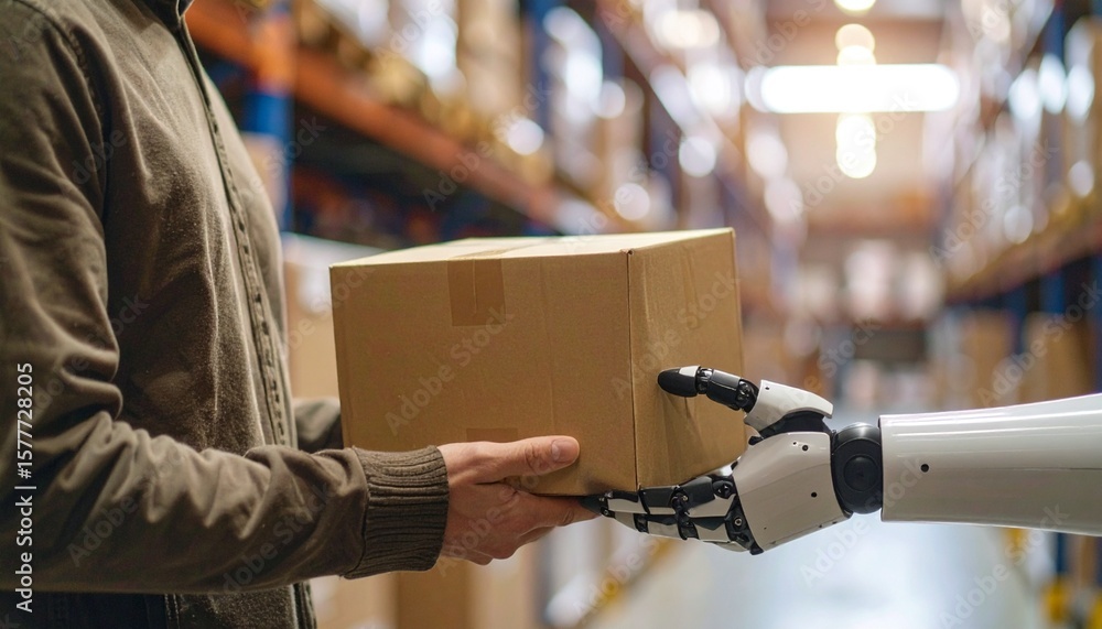 Poster a warehouse worker interacting with a robotic hand to receive a parcel. a symbol of automation and l