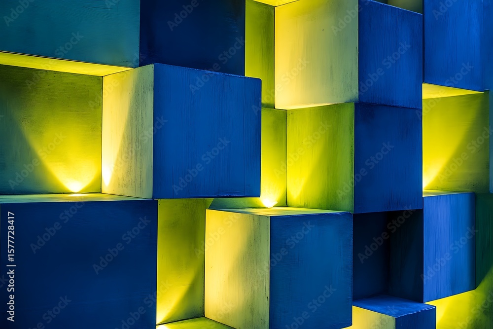 Poster • modular blocks in lime and cobalt with sharp lighting --