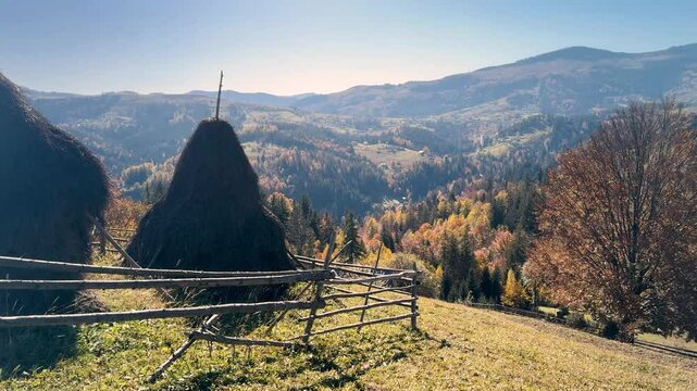 Ukraine, drone, flight in the Carpathians early in the autumn morning at sunrise near the city of Kosiv. Bright forests and dwellings of the Hutsul highlanders on the glades