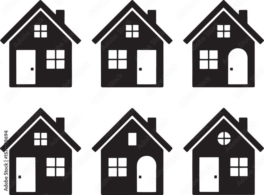 Poster a collection of six stylized house icons showing different architectural details such as door shape 
