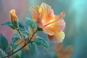 Fototapeta premium Delicate hibiscus blossom opens its petals, showcasing vibrant orange hues and intricate details against a soft, dreamy background.