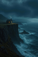  Isolated Cottage on Coastal Cliff Above Rough Ocean Under Stormy Sky