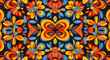 Vibrant floral kaleidoscope pattern featuring symmetrical designs in bold color combinations art deco style