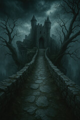 Dark Stone Path Leading to Haunted Castle Tower Through a Spooky Forest