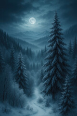 Mystical Snow-Covered Forest at Night Illuminated by Full Moon