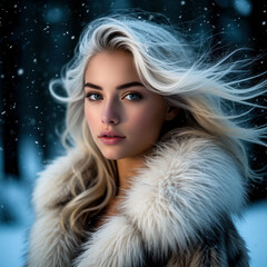 Winter portrait of a young woman in a fur coat.