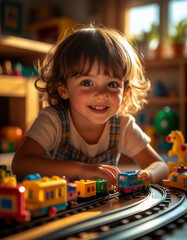 A small child is playing railroad.