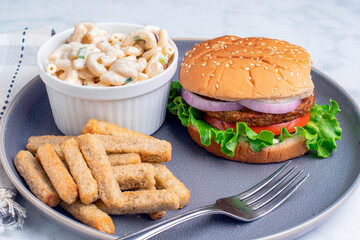 garden burger  with veggie fries and macaroni salad