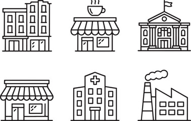 Obraz premium Line Art Depiction of Common Buildings Illustrating City Life with Focus on Coffee Shop, Hospital, Factory, Shop and City Hall