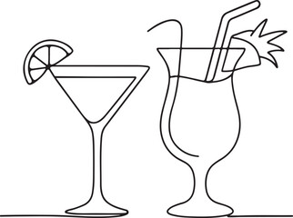 Exotic Cocktail Drinks Line Drawing on White Background