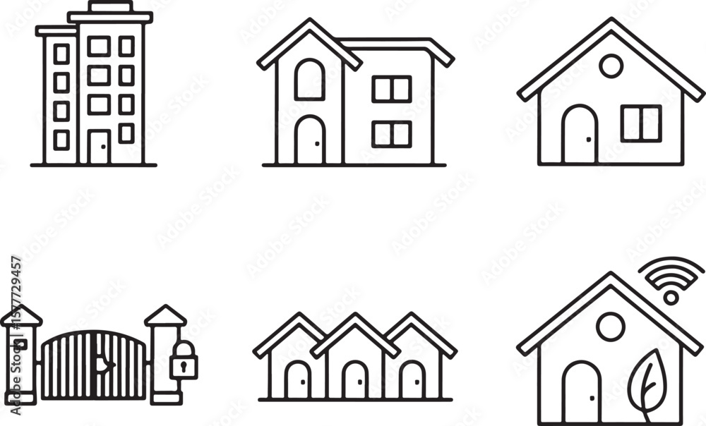 Poster architectural icons representing real estate development and property management with modern housing