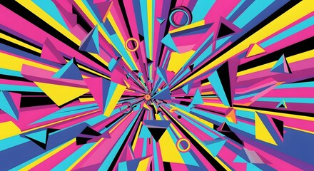 Fototapeta premium Abstract geometric design with triangles circles and colorful rays emanating from the center point