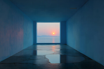 A tranquil scene captures the sea view through a window, offering a calming horizon with a pastel sunset glow.