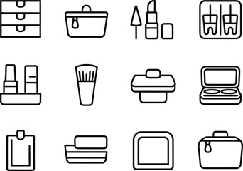 Collection of twelve simple outline icons representing makeup and cosmetic items