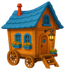 A whimsical 3D cartoon tiny house on wheels with a lantern and flower boxes.