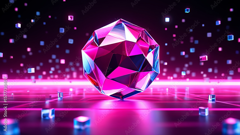 Poster a vibrant geometric shape rests in a dark environment, surrounded by illuminated cubes that float an