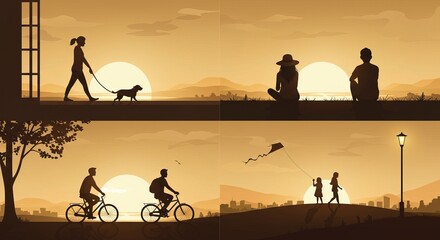 Silhouettes depict a calming sunrise scene with people walking, cycling, relaxing, and flying kites enjoying outdoor activities.