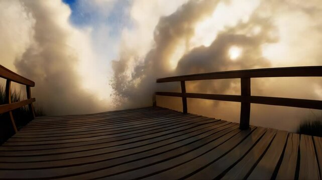 Watch as the sun rises over a tranquil beach, casting warm light on the wooden boardwalk and creating beautiful shadows along the shoreline.